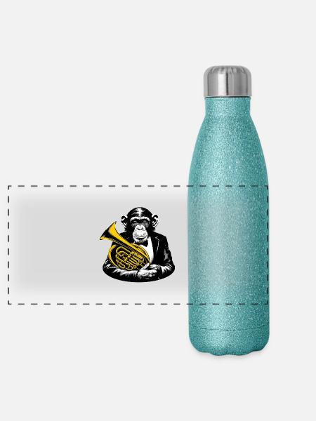 Horn in Monkey Orchestra Street Art Banksy Style - Panoramic Glitter Thermal Bottle 500 ml - blue glitter - Front