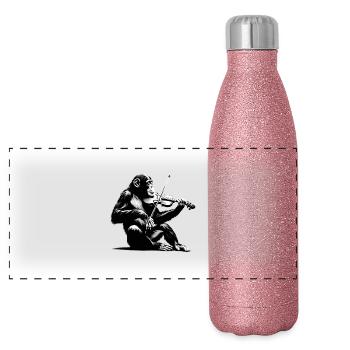 Violin Monkey Orchestra Street Art Banksy Style - Panoramic Glitter Thermal Bottle 500 ml - pink glitter - Front