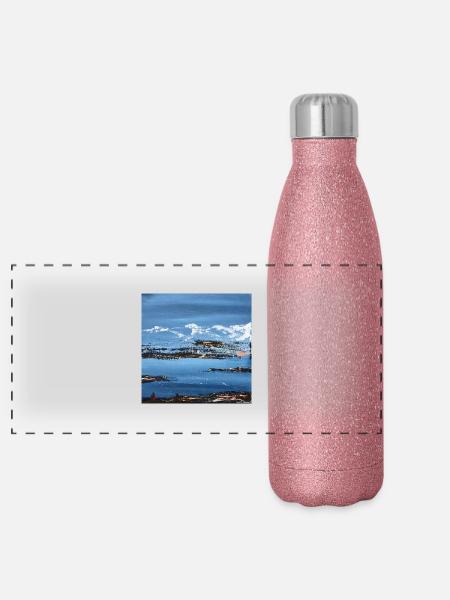 Affiche abstraite paysage de montagne au bord du lac - Gourde isotherme panoramique pailletée 500 ml - paillettes roses - Devant