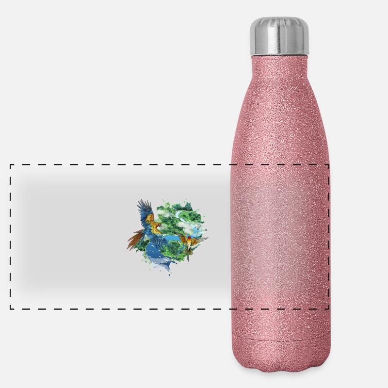 Papageien, die über den Dschungel fliegen Panorama Glitzer Isolierflasche 500 ml