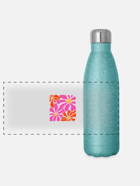 Groovy Retro Pink and Orange Flowers - Panoramic Glitter Thermal Bottle 500 ml - blue glitter - Front