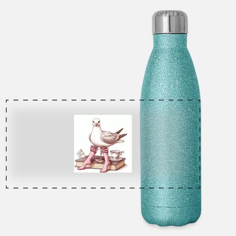 Dame mouette chic prenant le thé avec livre Gourde isotherme panoramique pailletée 500 ml