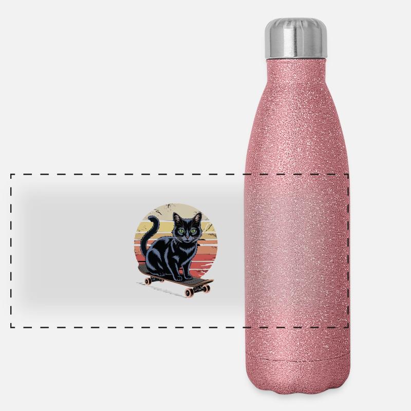 Skaterkatze im Vintage-Stil – Coole Katze auf Skat Panorama Glitzer Isolierflasche 500 ml