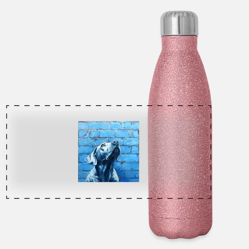 Hund vor blauer Wand treu hinauf blickend Panorama Glitzer Isolierflasche 500 ml