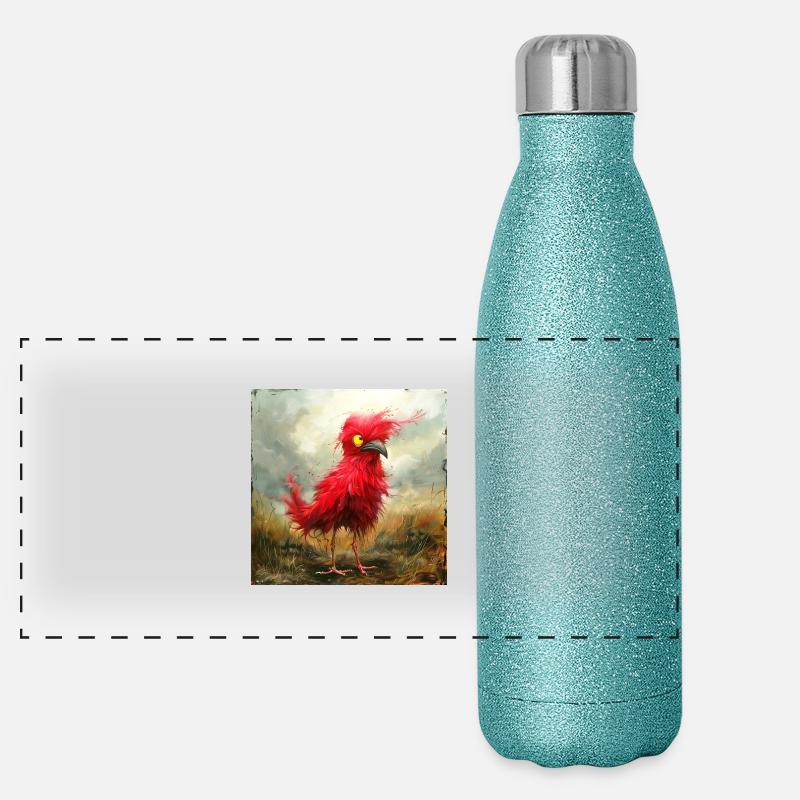 kleiner roter strubbeliger Vogel mit gelben Augen Panorama Glitzer Isolierflasche 500 ml