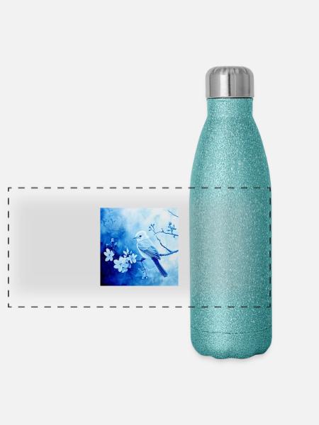 Songbird Branch Blossoms Shades of Blue Filigree Drawing - Panoramic Glitter Thermal Bottle 500 ml - blue glitter - Front