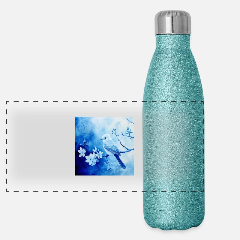 Singvogel Ast Blüten Blautöne filigran Zeichnung Panorama Glitzer Isolierflasche 500 ml
