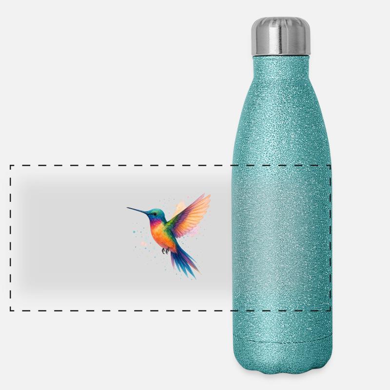 Colibri arc-en-ciel à l’aquarelle Gourde isotherme panoramique pailletée 500 ml