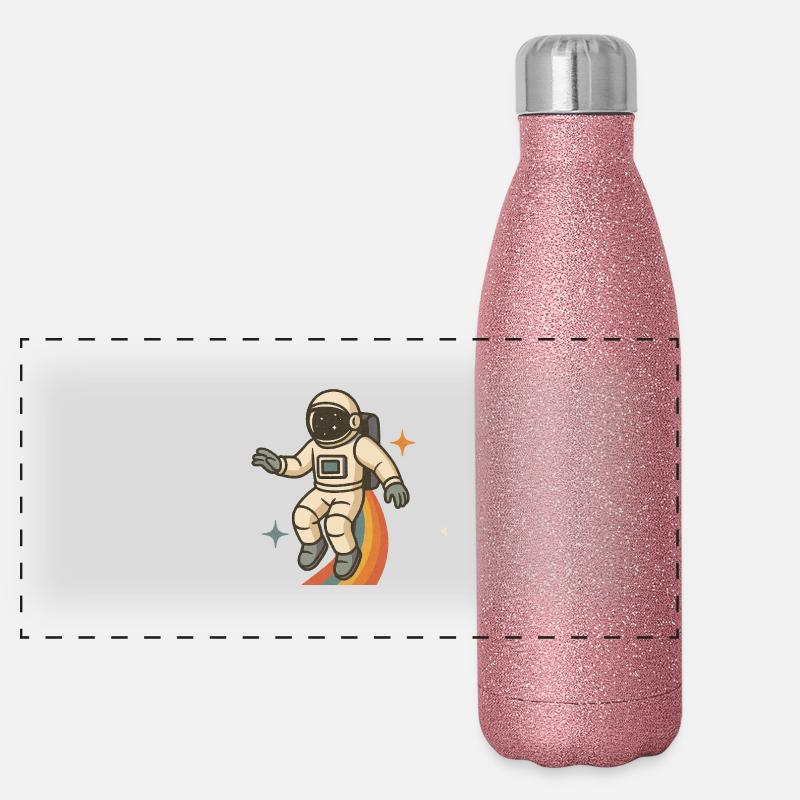 Astronaut mit Regenbogen – Retro Space Dream Panorama Glitzer Isolierflasche 500 ml