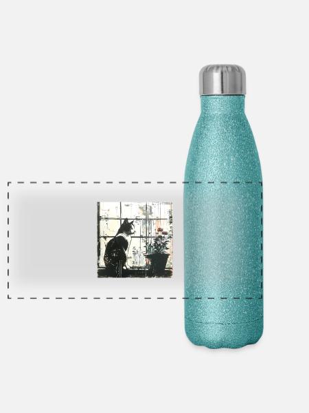 Graffiti Cat Flowerpot Window Street Art bw - Panoramic Glitter Thermal Bottle 500 ml - blue glitter - Front