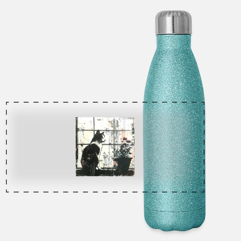 Graffiti Chat Pot de Fleurs Fenêtre Street Art bw Gourde isotherme panoramique pailletée 500 ml