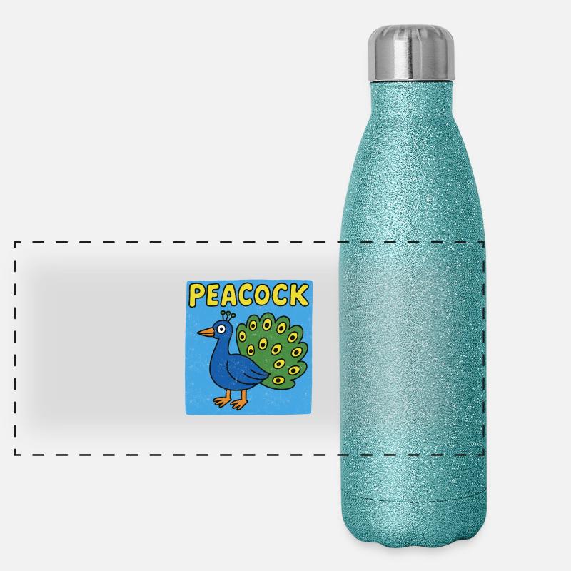 Dessin animé de paon - aspect patiné Gourde isotherme panoramique pailletée 500 ml