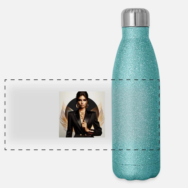 Powerful glamorous woman in a black suit gold Panorama Glitzer Isolierflasche 500 ml