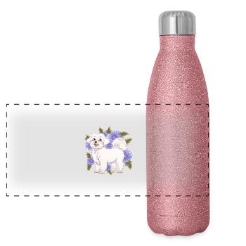 Maltese Cute Maltese White Dog Flowers - Panoramic Glitter Thermal Bottle 500 ml - pink glitter - Front