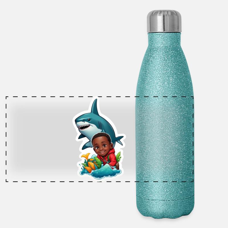 Aventure avec requin et enfant Gourde isotherme panoramique pailletée 500 ml