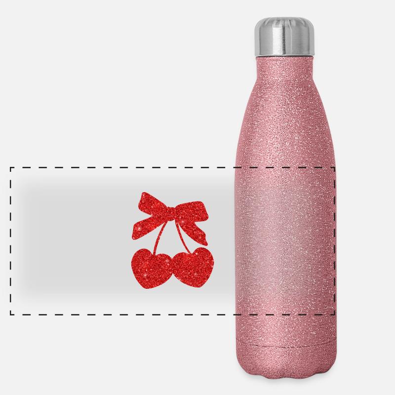 Cerises cœur rouge Gourde isotherme panoramique pailletée 500 ml