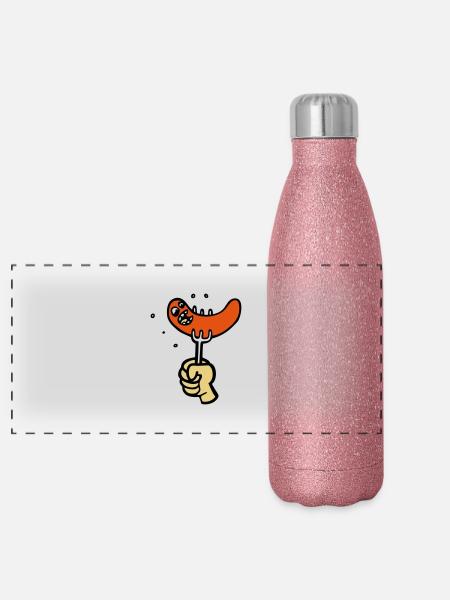dessin saucisse cartoon BBQ drôle - Gourde isotherme panoramique pailletée 500 ml - paillettes roses - Devant