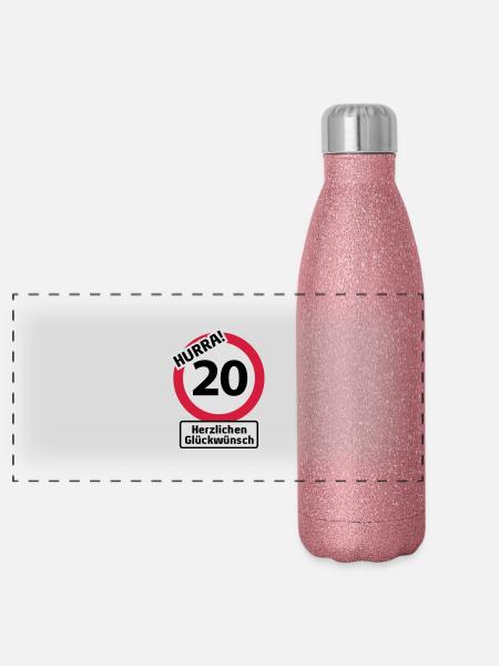 Hurrah 20 Anniversaire - Félicitations - Gourde isotherme panoramique pailletée 500 ml - paillettes roses - Devant