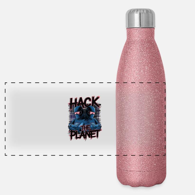 Retro Cyber Hackers – Hack The Planet Glitch Art Panorama Glitzer Isolierflasche 500 ml