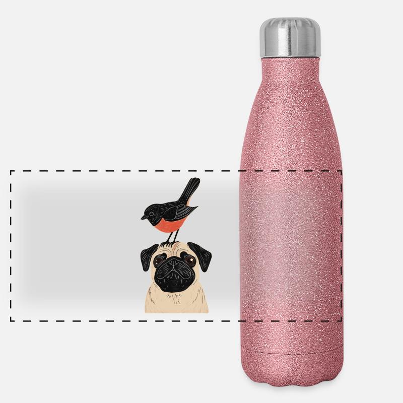 Mops mit Vogel Panorama Glitzer Isolierflasche 500 ml