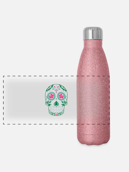 tete de mort mexicaine - Gourde isotherme panoramique pailletée 500 ml - paillettes roses - Devant