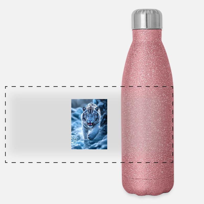 Weisser Tiger läuft durch Bachlauf Panorama Glitzer Isolierflasche 500 ml