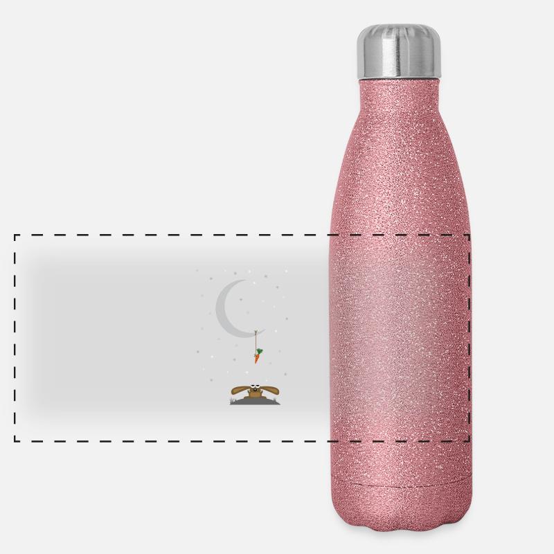 rabbit stares at a carrot on the moon - Panoramic Glitter Thermal Bottle 500 ml - pink glitter