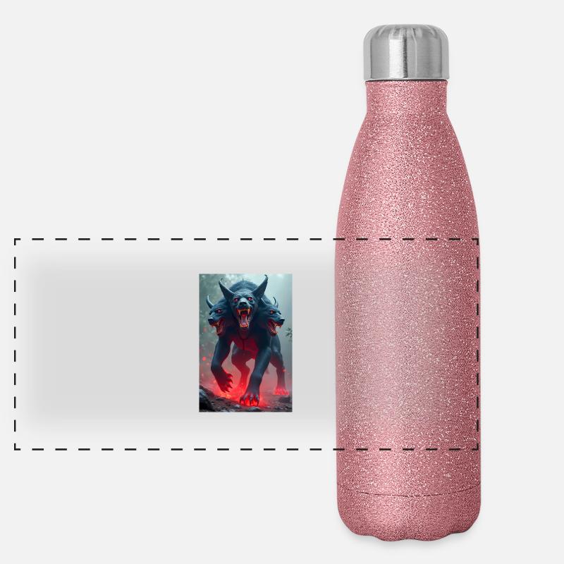 Cerberus, three-headed black dog, glowing eyes Panoramic Glitter Thermal Bottle 500 ml