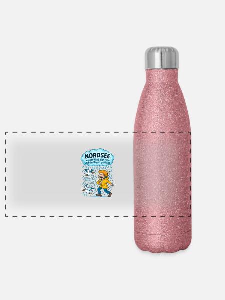 Nordsee - wo Wind dich föhnt und Regen gratis ist - Panorama Glitzer Isolierflasche 500 ml - Pink Glitzer - Vorne