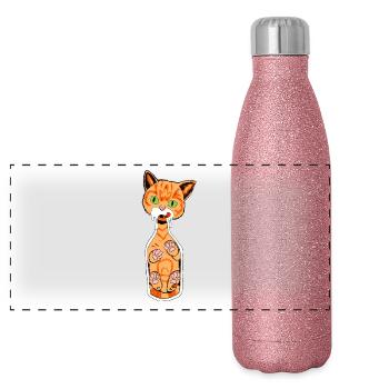 Katze in der Flasche - Panorama Glitzer Isolierflasche 500 ml - Pink Glitzer - Vorne