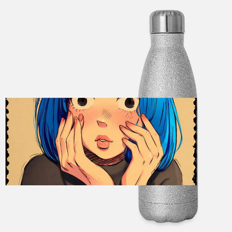 Blue Haired Surprise Portrait Panoramic Glitter Thermal Bottle 500 ml
