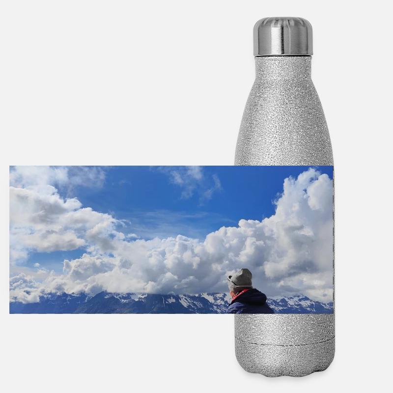 Hiker facing the alpine sky Panoramic Glitter Thermal Bottle 500 ml