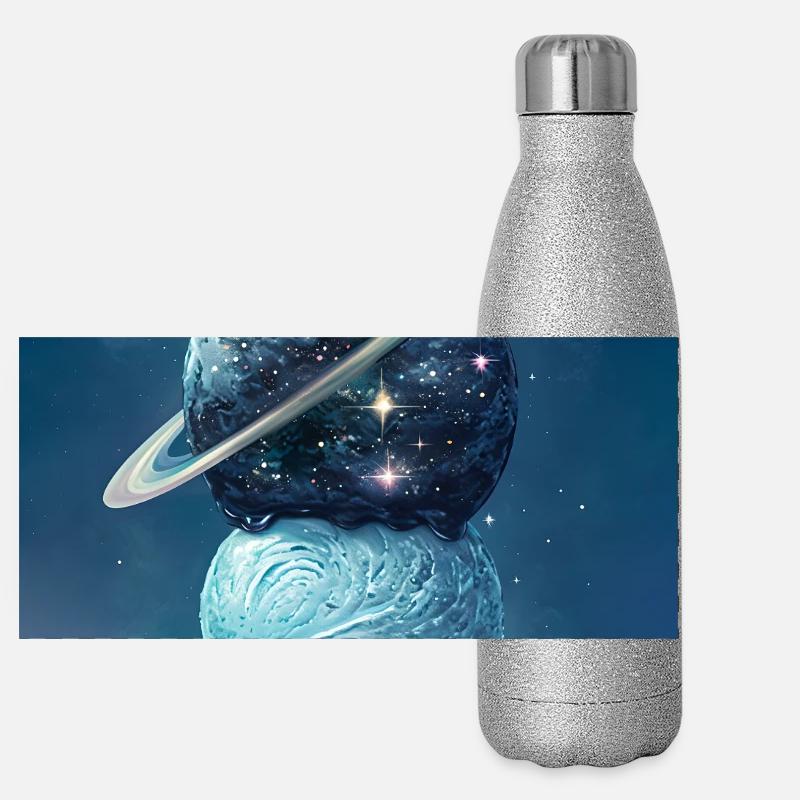 Weltraumeis und Astronaut an der Spitze Panorama Glitzer Isolierflasche 500 ml