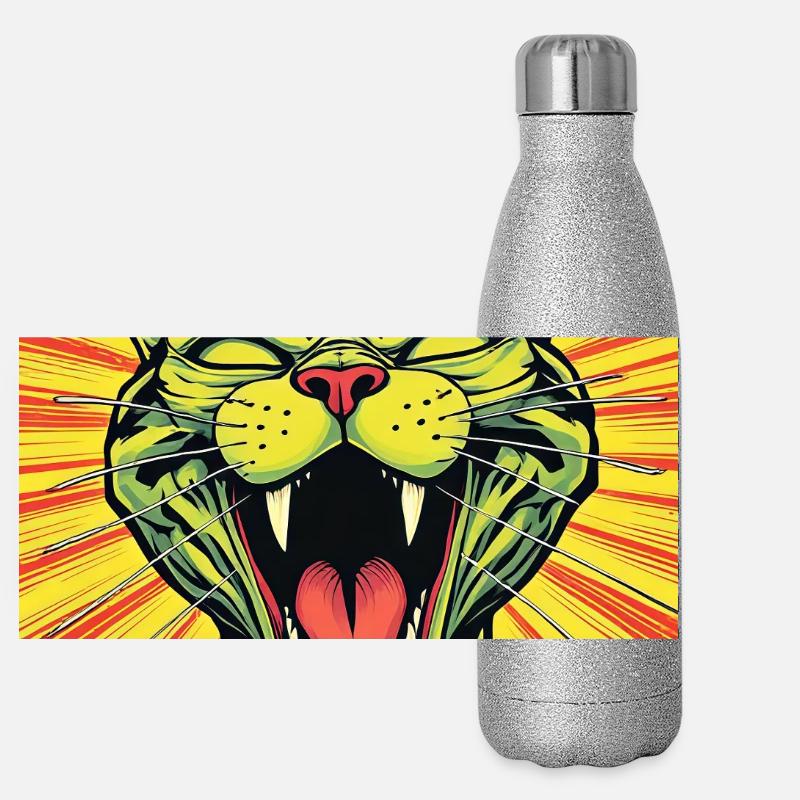 Lachende Katze Comicdruck Panorama Glitzer Isolierflasche 500 ml