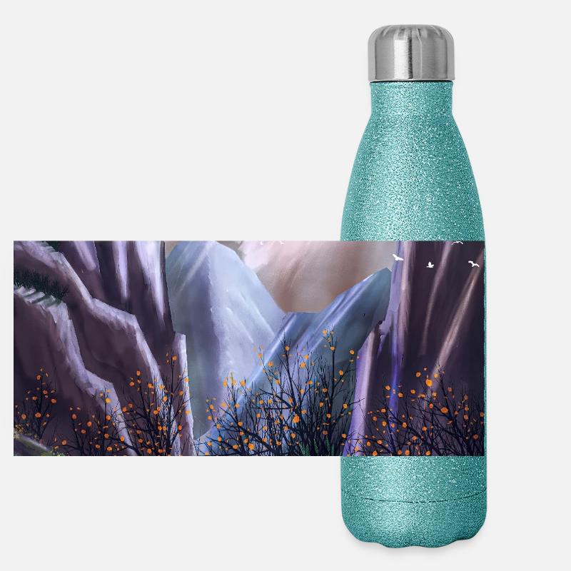 Orcas springen im Bergtal Panorama Glitzer Isolierflasche 500 ml