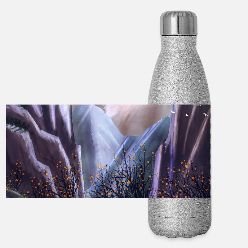 Orca jumping in mountain valley - Panoramic Glitter Thermal Bottle 500 ml - silver glitter