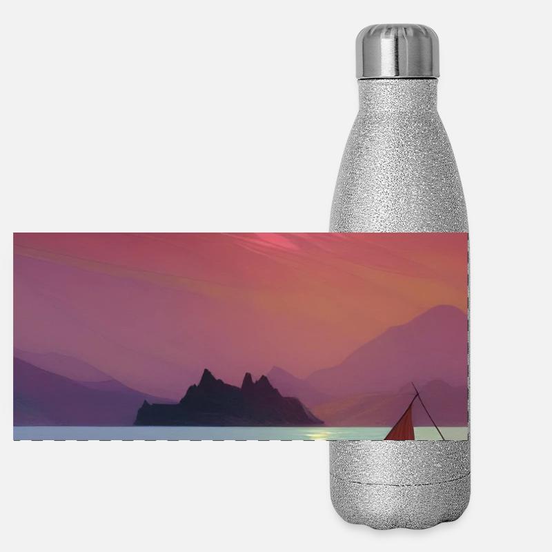Landschaft mit See, Boot und Berge Panorama Glitzer Isolierflasche 500 ml