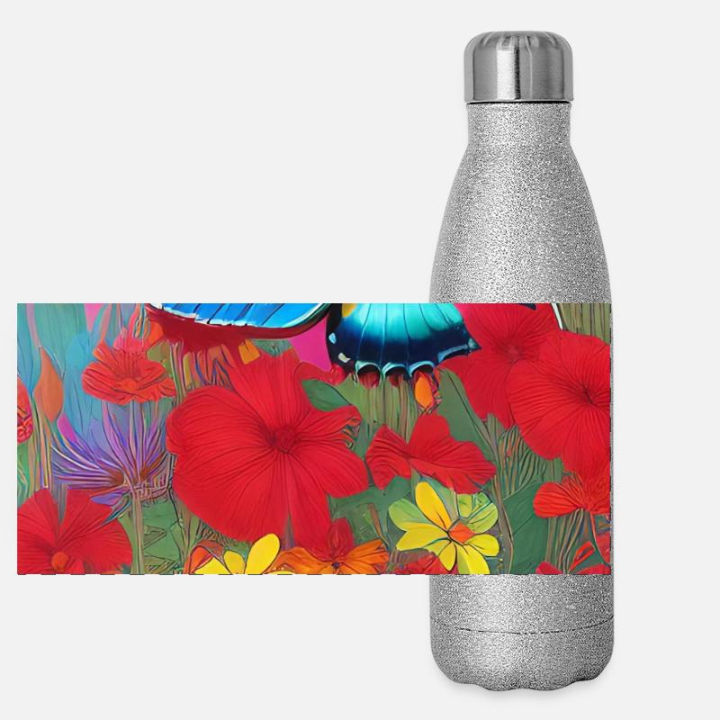 Fleurs et papillon Gourde isotherme panoramique pailletée 500 ml