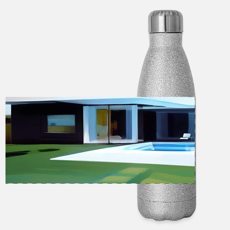 Weiße Villa mit Pool Panorama Glitzer Isolierflasche 500 ml