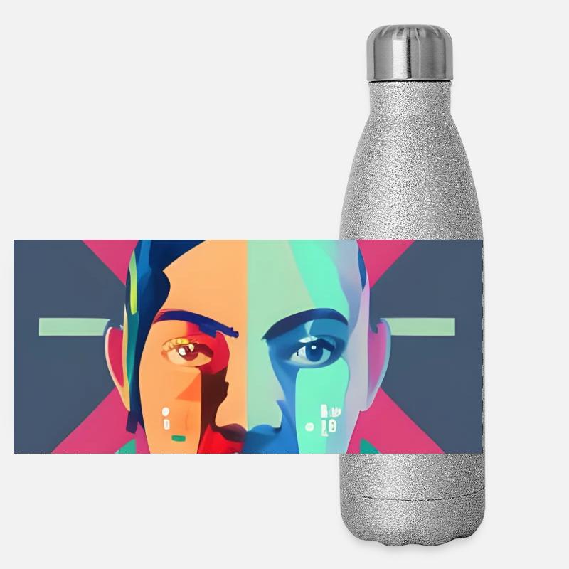 Fragmented Neon Portrait - Panoramic Glitter Thermal Bottle 500 ml - silver glitter