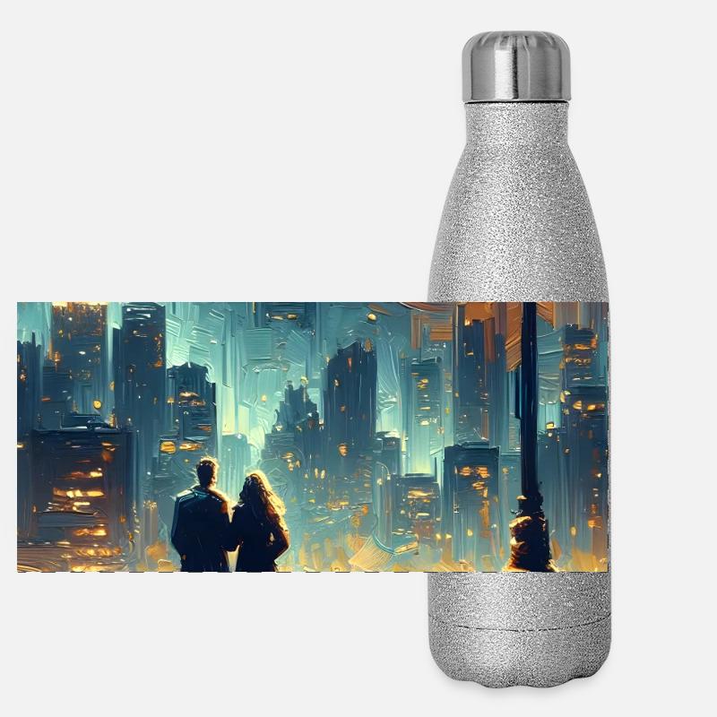 Liebesszene vor den Lichtern der Stadt Panorama Glitzer Isolierflasche 500 ml
