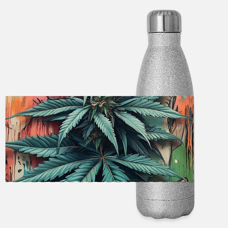 Graffiti Cannabis Leaf Art - Panoramic Glitter Thermal Bottle 500 ml - silver glitter