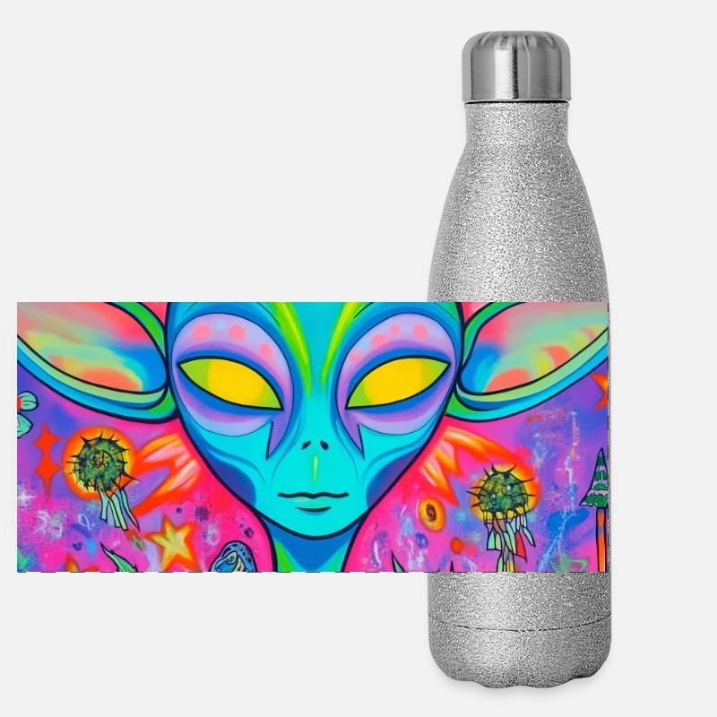Psychedelischer Alien Neon Garten Panorama Glitzer Isolierflasche 500 ml