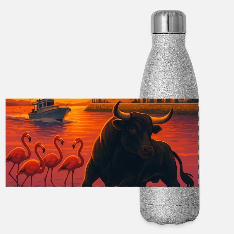 Le Grau Du Roi Camargue Coucher de Soleil Gourde isotherme panoramique pailletée 500 ml