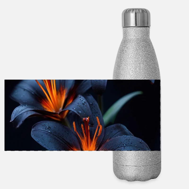 Lys bleus avec floraison nocturne centrale orange Gourde isotherme panoramique pailletée 500 ml