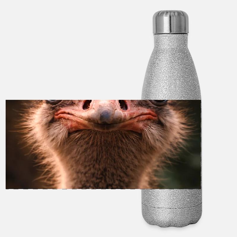 Ostrich close-up in warm tone - Panoramic Glitter Thermal Bottle 500 ml - silver glitter