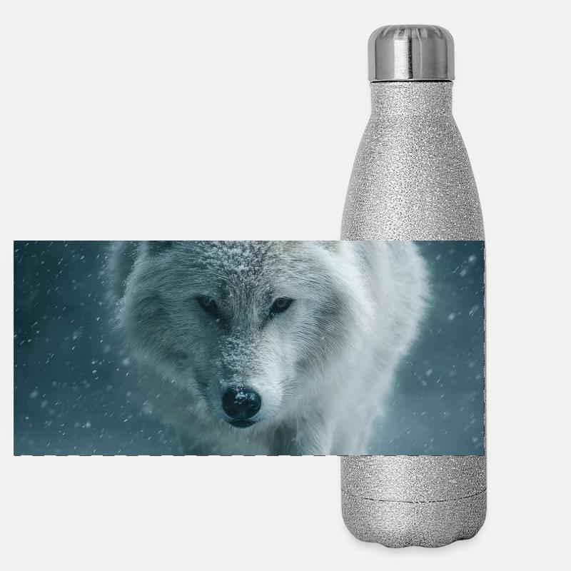 Arctic Wolf in Snowfall Panoramic Glitter Thermal Bottle 500 ml