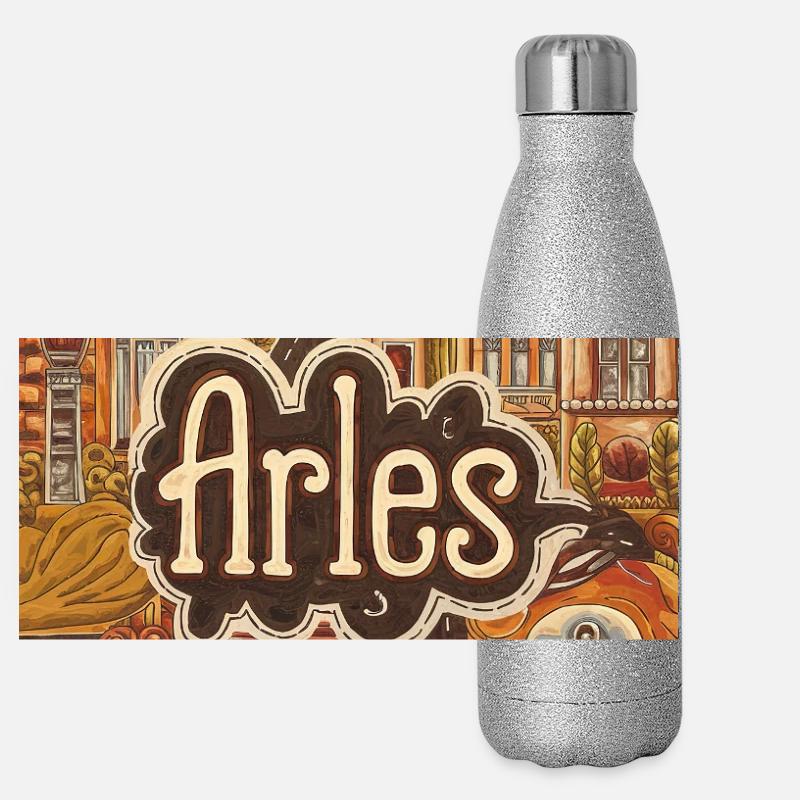 Arles Townscape Dreamscape - Panoramic Glitter Thermal Bottle 500 ml - silver glitter