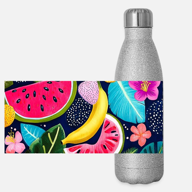 Muster aus exotischen Früchten und tropischen Blumen Panorama Glitzer Isolierflasche 500 ml