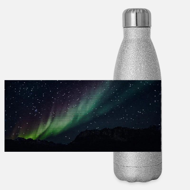 Northern Lights over Silent Mountain Lake with Triangle Pattern Panoramic Glitter Thermal Bottle 500 ml